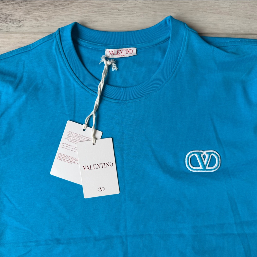 Valentino VLogo Embroidered T-Shirt Blue Size Medium NWT Designer Luxury Tee - Picture 2 of 5